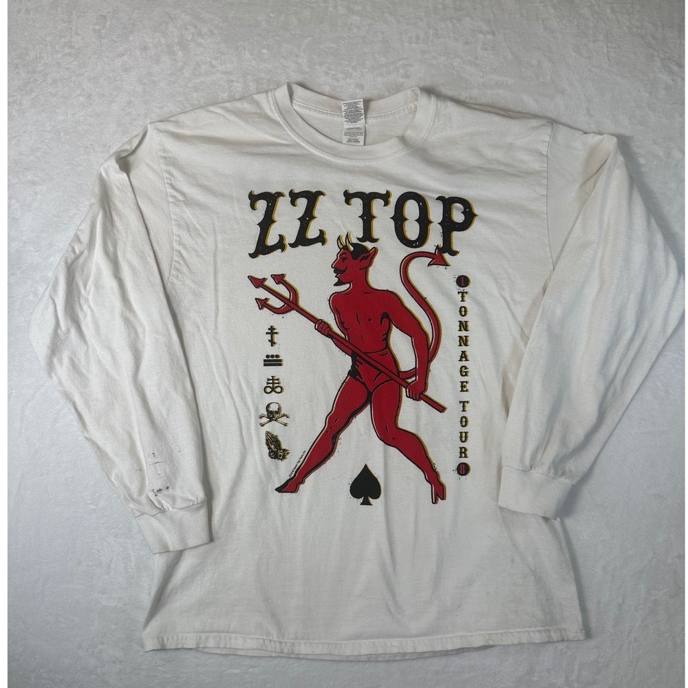 ZZ Top Tonnage Tour Long Sleeve Graphic T-Shirt White Gildan Large Devil Rock